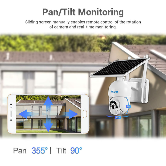 ESCAM QF250 - 1080P Wireless Battery-Powered Dome IP Camera with Solar Panel, Cloud Storage, and PIR Alarm – Full Color Night Vision, IP66 Waterproof, PTZ, Two-Way Audio for Indoor & Outdoor Use