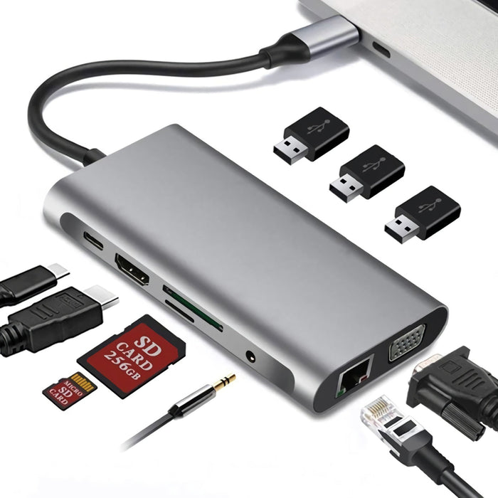 Bakeey 10-in-1 USB Type-C Hub - Triple Display with 4K HD, 1080P VGA, RJ45 Network, 100W USB-C PD3.0, 3 USB 3.0, 3.5mm Audio, Memory Card Readers - Perfect for Professionals and Multi-taskers