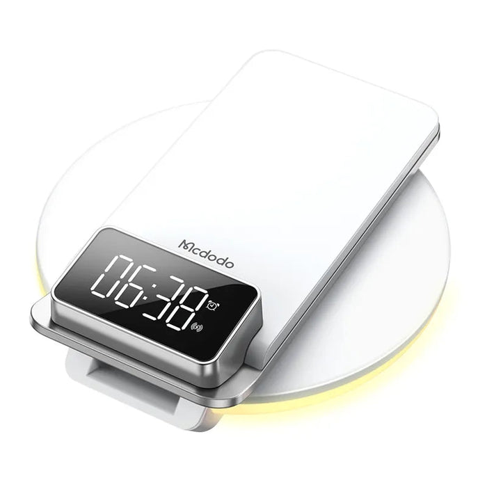 MCDODO CH-1610 - 4-in-1 Desktop Wireless Charger with Alarm Night Lamp, Digital Display, Multi-Functional and Foldable Charging Station - Perfect for Nightstand Organization and Efficient Charging Needs