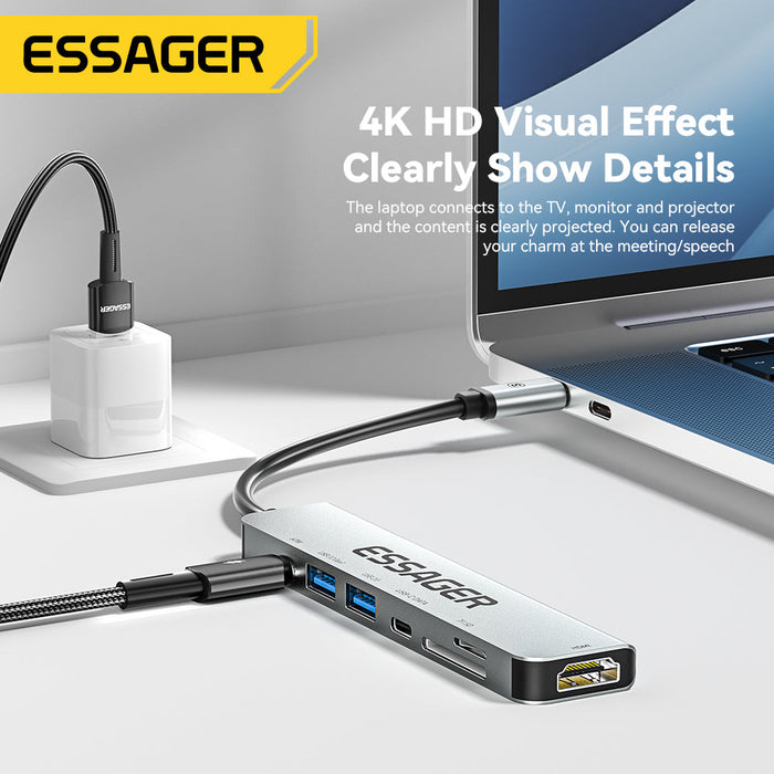 Essager USB Type-C Hub - 7-in-1 HDMI-Compatible Laptop Dock for MacBook Pro Air M1 M2, USB 3.0 Adapter Splitter Extensor - Perfect Workstation Solution for Professionals