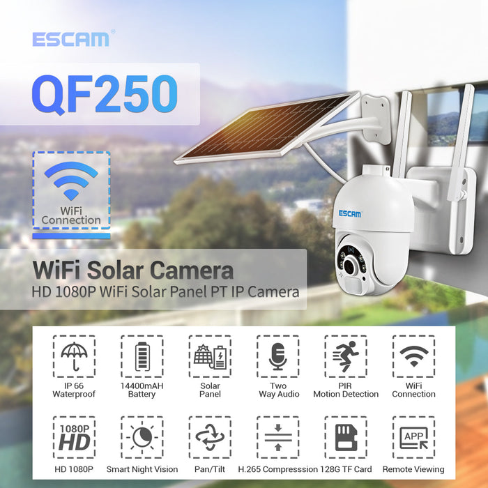 ESCAM QF250 - 1080P Wireless Battery-Powered Dome IP Camera with Solar Panel, Cloud Storage, and PIR Alarm – Full Color Night Vision, IP66 Waterproof, PTZ, Two-Way Audio for Indoor & Outdoor Use