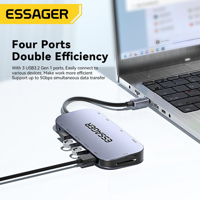 Essager 11-in-1 USB-C Hub - 4K 30Hz Type C Docking Station, MacBook Air Pro Adapter Splitter, HDMI-Compatible & RJ45 - Perfect for Laptops and Enhancing Connectivity