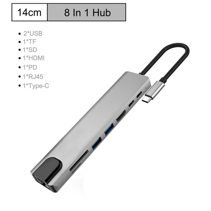 Bakeey PB-C7366 - 8-in-1 USB-C Hub Docking Station with 4K HDMI, 87W PD3.0 Power Delivery, USB-C Data Transfer, Dual USB 3.0, RJ45 Ethernet & Memory Card Readers - Ideal for Laptops & Workstations