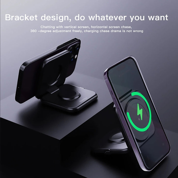 Magnetic Wireless Charger Foldable Stand - 2-in-1 with 15W Fast Charging Functionality for iWatch Ultra/8/7/6 and iPhone 14 Pro/13/12 - Ideal for Apple Watch and iPhone Owners Needing Faster Charging