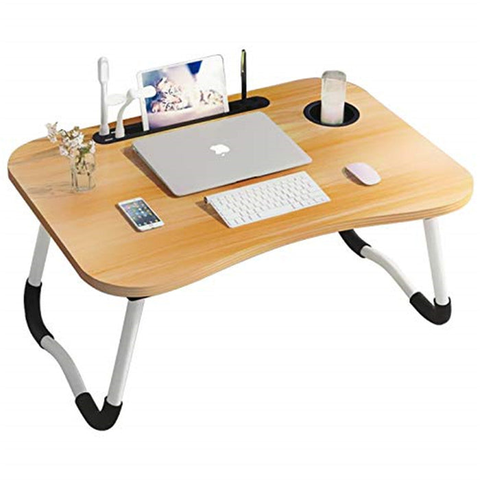 Curved Design Folding Wooden Desk - Multifunctional Home Bed Stand with USB Charging Port, Pen Cup Slot, Macbook and Phone Storage - Perfect for Small Spaces and Home Offices.