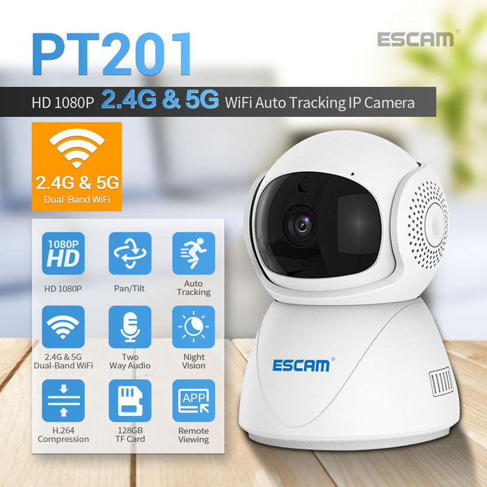 ESCAM PT201 - 1080P 2.4G 5G WiFi IP Auto Tracking Camera with Cloud Storage & Two-Way Voice - Smart Night Vision for Home Security