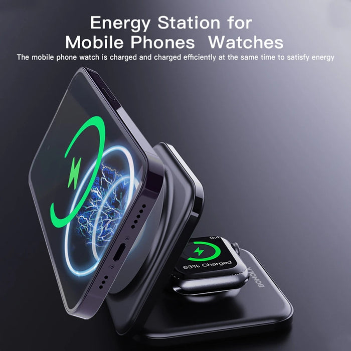 Magnetic Wireless Charger Foldable Stand - 2-in-1 with 15W Fast Charging Functionality for iWatch Ultra/8/7/6 and iPhone 14 Pro/13/12 - Ideal for Apple Watch and iPhone Owners Needing Faster Charging