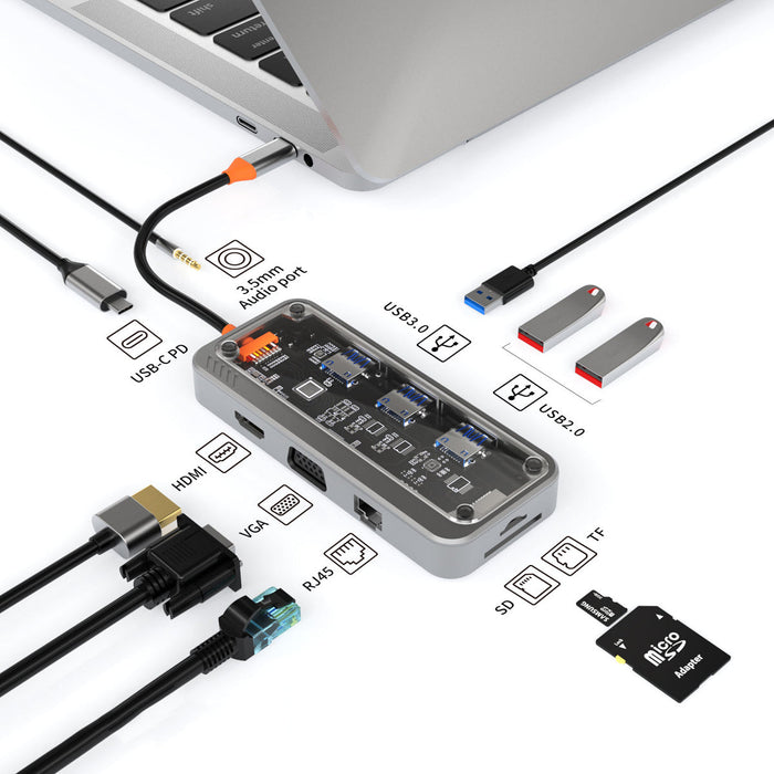 Basix USB C Hub - 10-in-1 Type-C with PD HDMI, USB 3.0, USB 2.0, SD, TF, RJ45, VGA, AUDIO 3.5mm - Ultimate Connectivity Solution for Laptops and Devices