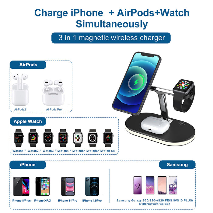 Magnetic Wireless Holder 15W - 3-in-1 Fast Charging Charger, Compatible with AirPods, iWatch, iPhone, and Other Smartphones - Perfect for Tech-Savvy Individuals Always on the Go