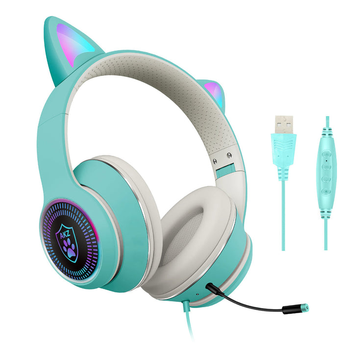 AKZ-023 Cat Ear Headset - Wired USB 7.1 Channel Stereo Sound, RGB Luminous Gaming Headphone with Noise-canceling Mic & Sound Card - Perfect for PC Gamers