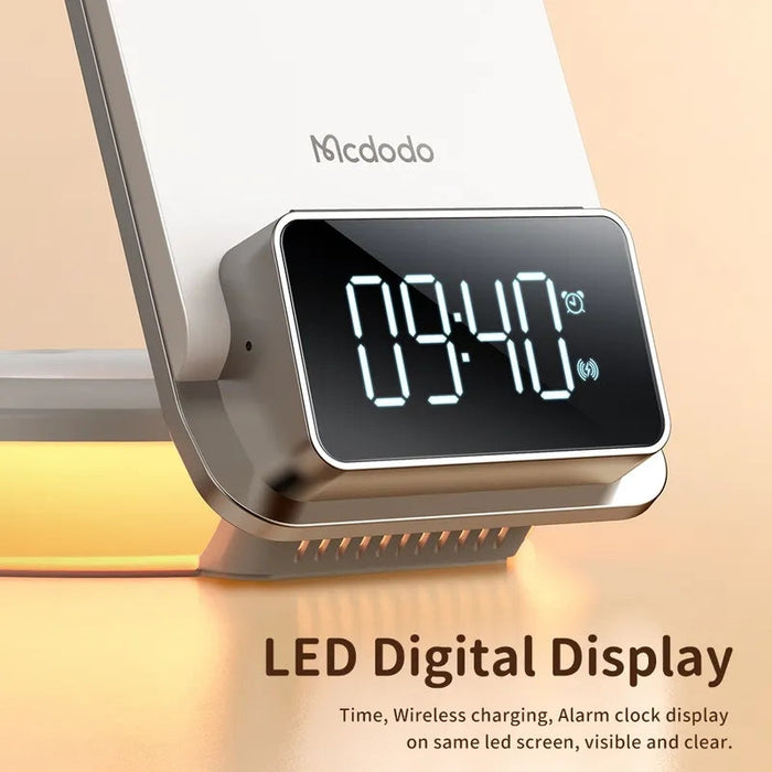 MCDODO CH-1610 - 4-in-1 Desktop Wireless Charger with Alarm Night Lamp, Digital Display, Multi-Functional and Foldable Charging Station - Perfect for Nightstand Organization and Efficient Charging Needs