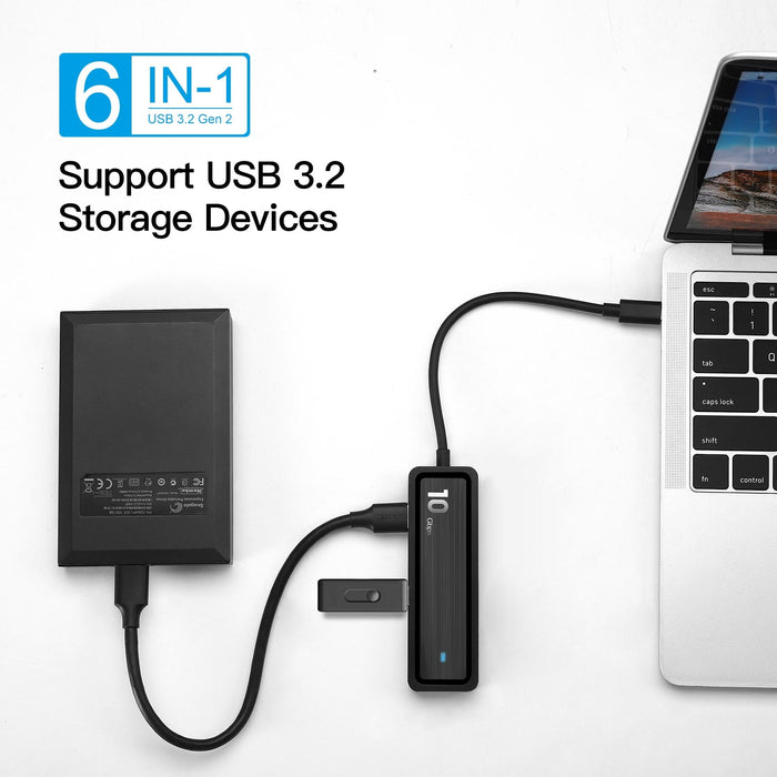 Pinrui 6-in-1 USB Hub - USB3.1 Gen 2 4-Port Expander with SD/TF Adapter, Laptop Docking Station - Perfect for Efficient Working and Data Transfers