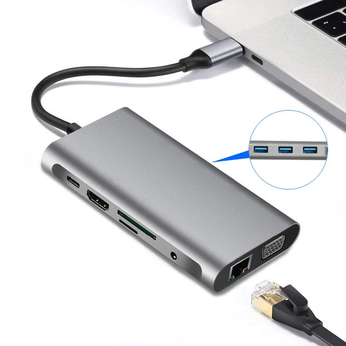 Bakeey 10-in-1 USB Type-C Hub - Triple Display with 4K HD, 1080P VGA, RJ45 Network, 100W USB-C PD3.0, 3 USB 3.0, 3.5mm Audio, Memory Card Readers - Perfect for Professionals and Multi-taskers