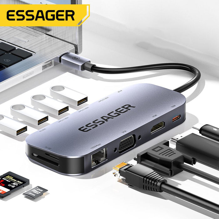 Essager 11-in-1 USB-C Hub - 4K 30Hz Type C Docking Station, MacBook Air Pro Adapter Splitter, HDMI-Compatible & RJ45 - Perfect for Laptops and Enhancing Connectivity