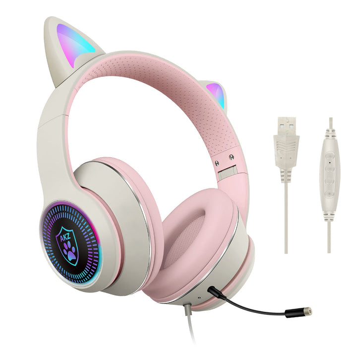 AKZ-023 Cat Ear Headset - Wired USB 7.1 Channel Stereo Sound, RGB Luminous Gaming Headphone with Noise-canceling Mic & Sound Card - Perfect for PC Gamers