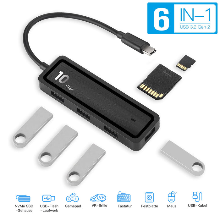 Pinrui 6-in-1 USB Hub - USB3.1 Gen 2 4-Port Expander with SD/TF Adapter, Laptop Docking Station - Perfect for Efficient Working and Data Transfers