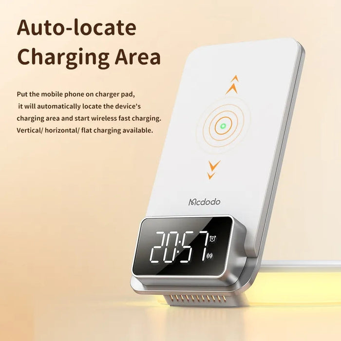 MCDODO CH-1610 - 4-in-1 Desktop Wireless Charger with Alarm Night Lamp, Digital Display, Multi-Functional and Foldable Charging Station - Perfect for Nightstand Organization and Efficient Charging Needs