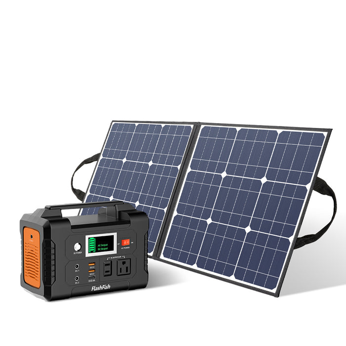 FlashFish 200W Portable Solar Power Station;  FlashFish 40800mAh Solar Generator with 50W 18V Portable Solar Panel;  Flashfish Foldable Solar Charger with 5V USB 18V DC Output